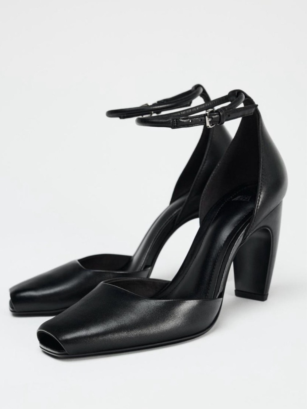 Zara Black Leather Peep-Toe Ankle-Strap Block Heels